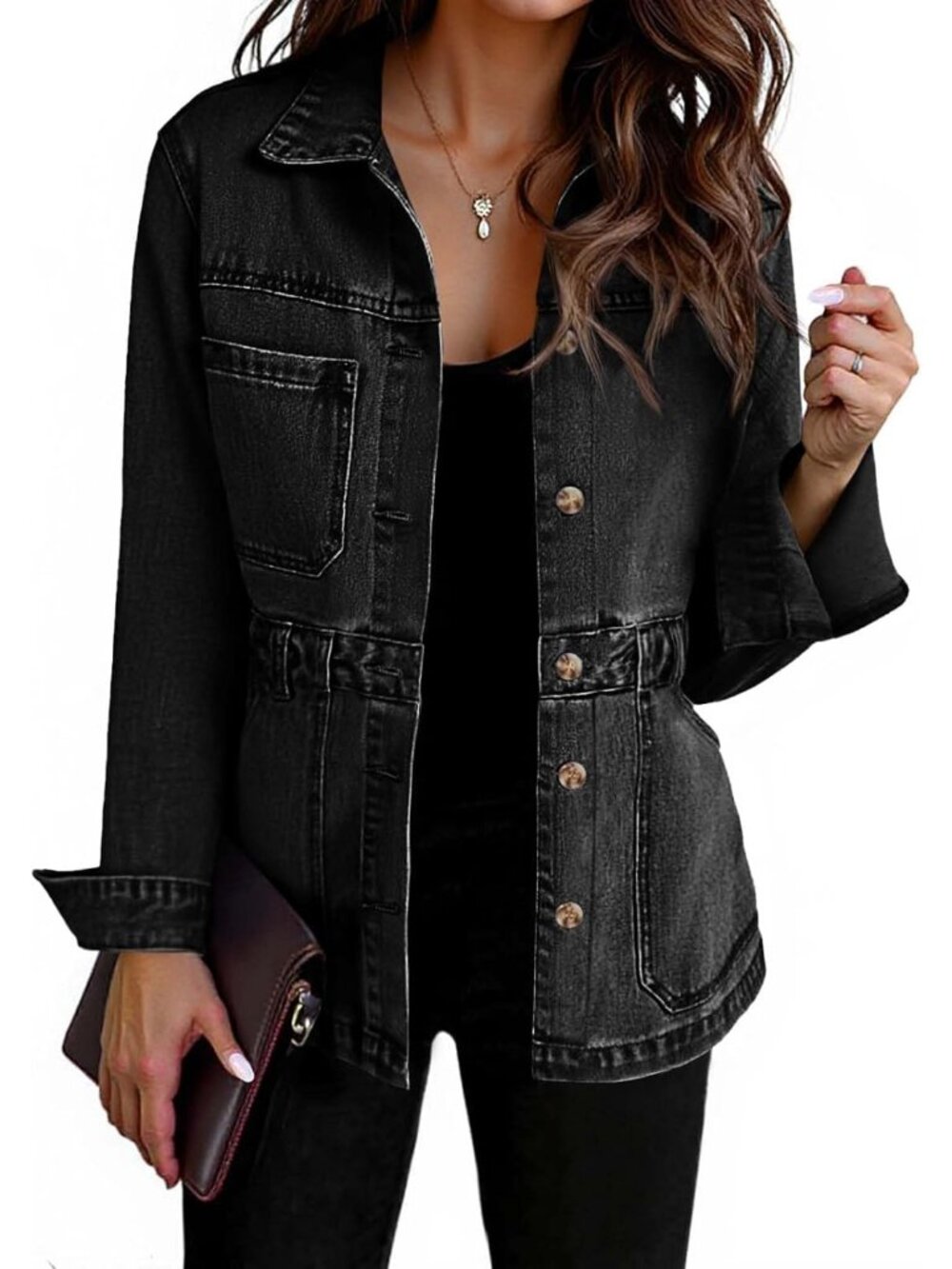 Women's Black Denim Distressed Jean Jacket Oversized Button Down Front Jacket